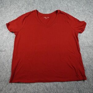 Ava Viv Top Women 1X Red Cotton V Neck Short Sleeve Solid Casual Basic Plus